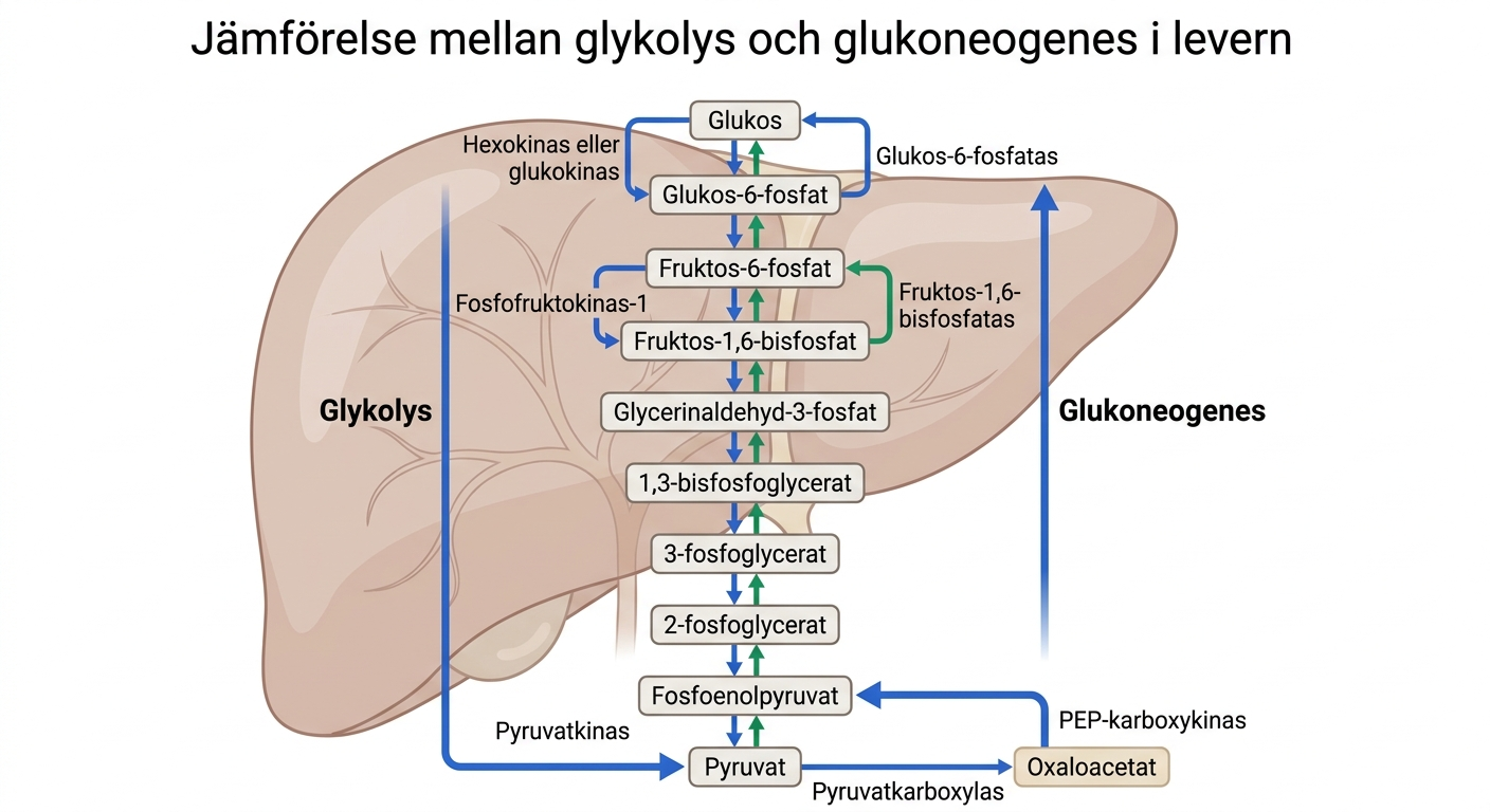 Jämförelse mellan glykolys och glukoneogenes i levern