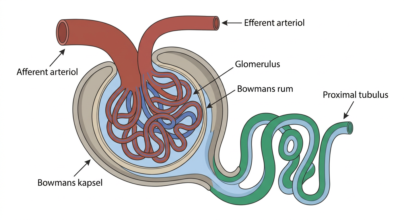 Diagram över glomerulär filtration samt tubulär reabsorption och sekretion.
