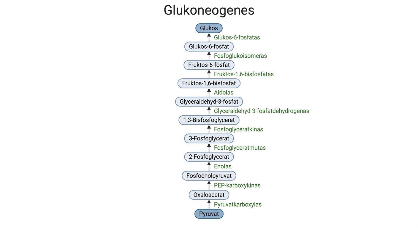 Reaktionsschema för glukoneogenes från pyruvat till glukos