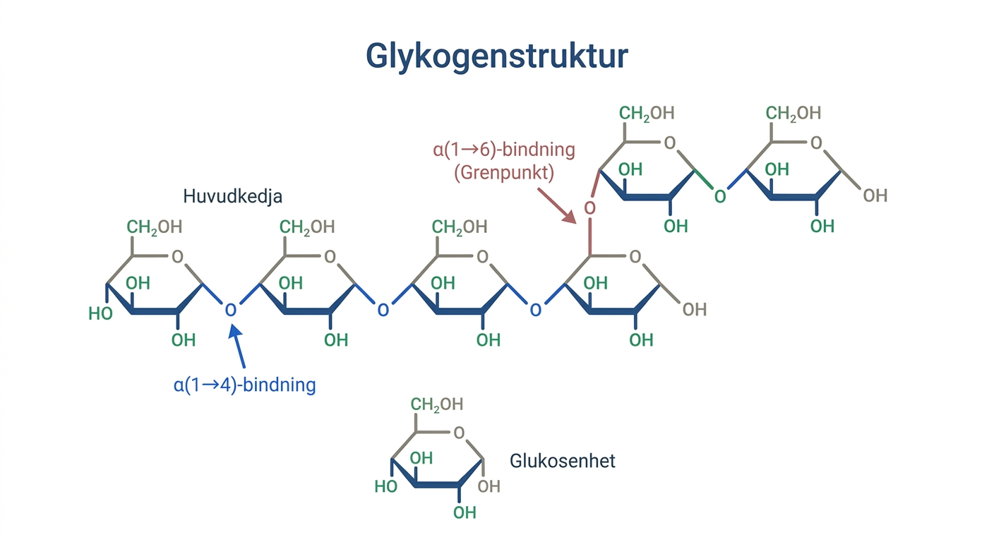 Strukturformler som visar alfa-1,4-bindningar i glykogenkedjan och alfa-1,6-bindningen vid en grenpunkt.
