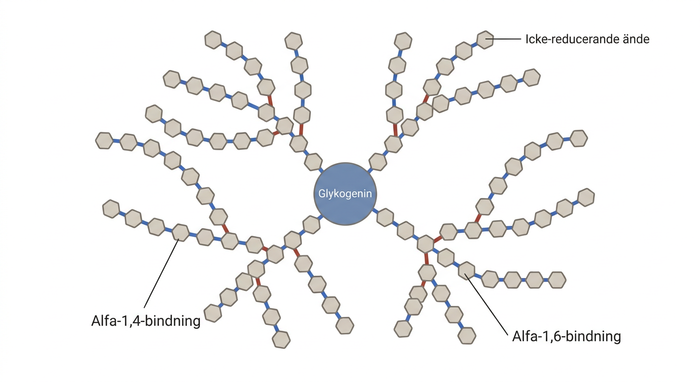 Schematisk framställning av en förgrenad glykogenkedja med alfa-1,4- och alfa-1,6-bindningar.