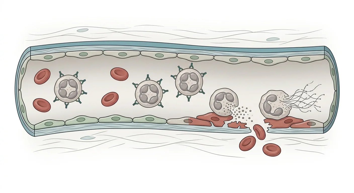 Längssnitt genom ett litet blodkärl med neutrofiler som bär antikroppar på cellytan. Till höger har aktiverade neutrofiler fäst mot kärlväggen och frisätter granula och DNA-trådar, endotelet är skadat och röda blodkroppar läcker ut i vävnaden.
