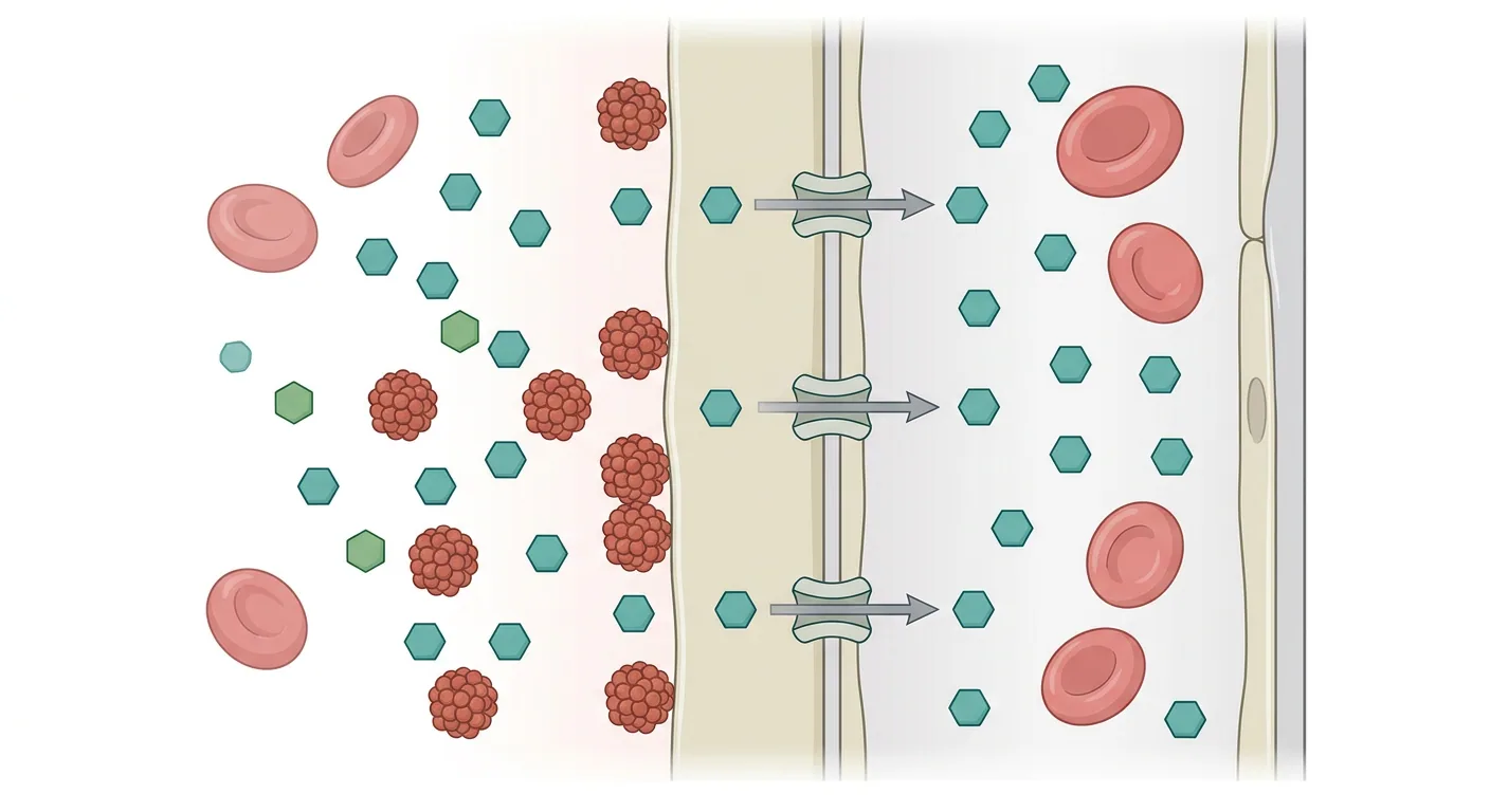 Schematisk bild av placentabarriären där små glukosmolekyler passerar genom transportkanaler från moderns blod till en fetal kapillär, medan större insulinmolekyler blir kvar på moderns sida.