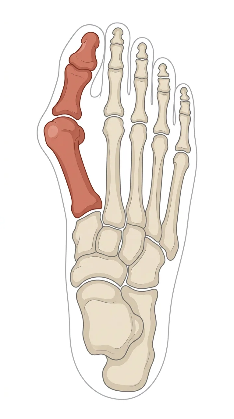 Skelettet i en höger fot sett uppifrån, där första metatarsalbenet pekar medialt och stortåns falanger lateralt mot andra tån, med ett framträdande metatarsalhuvud på fotens insida.