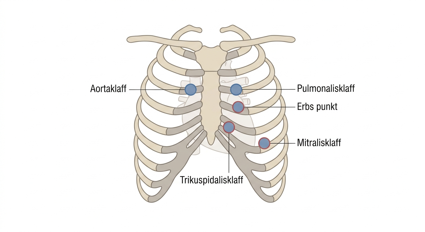 Bröstkorg med markerade auskultationsområden för aorta-, pulmonalis-, trikuspidalis- och mitralisklaff samt Erbs punkt.