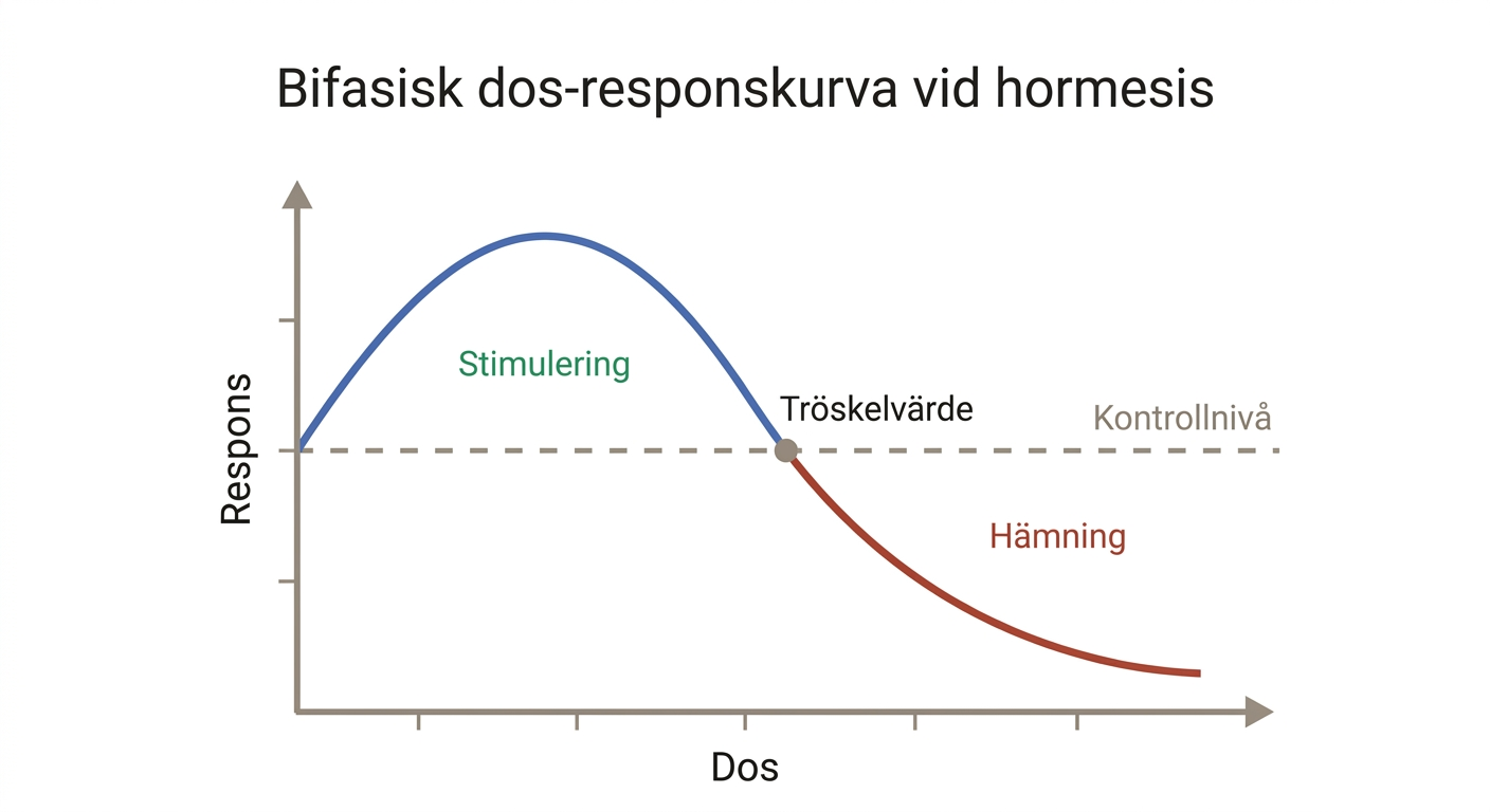Biphasisk hormetisk dos–responskurva med lågdosstimulering och högdoshämning.