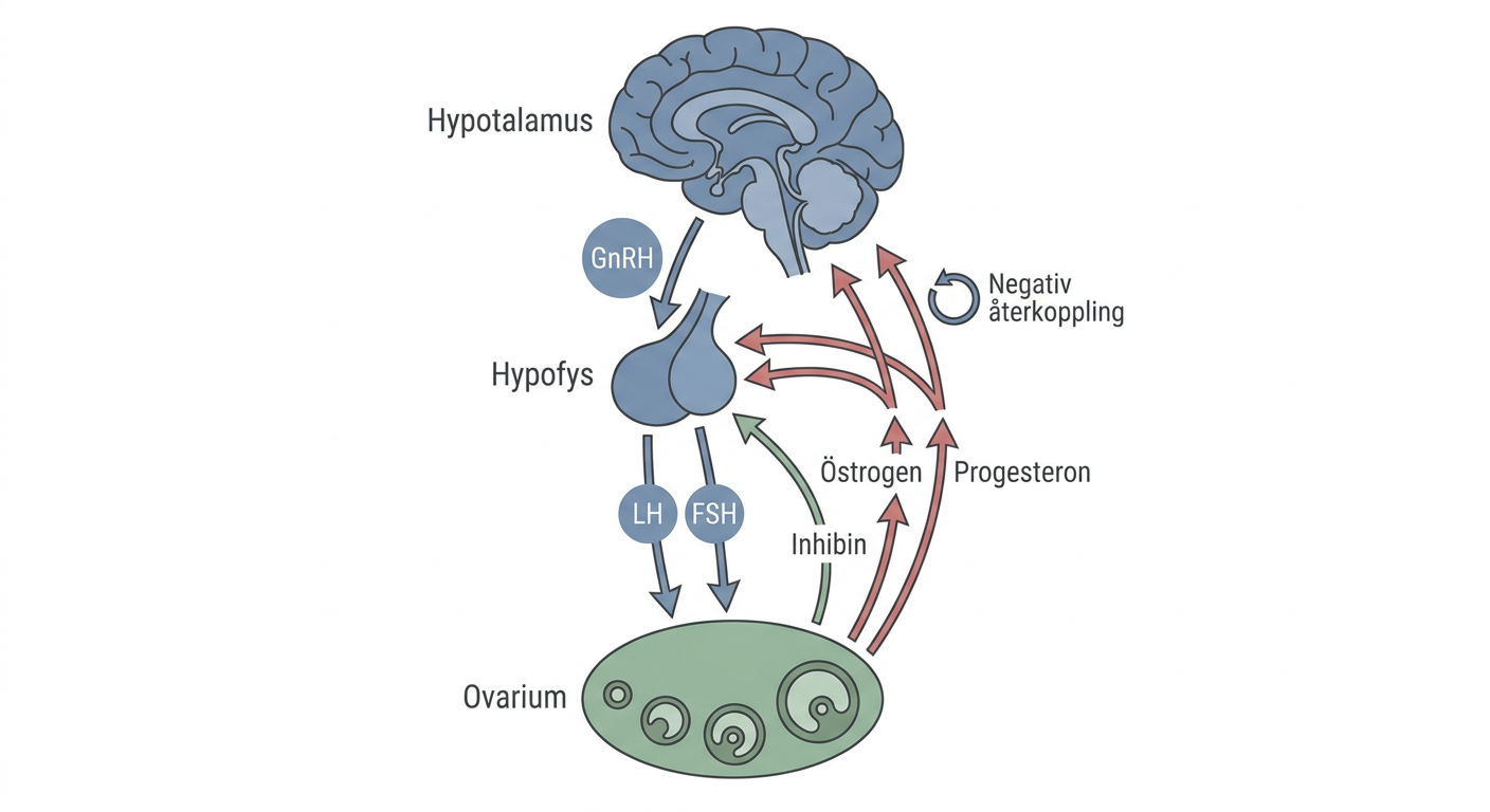 Schematisk bild av den kvinnliga HPG-axeln med hypotalamus, hypofys och ovarium.