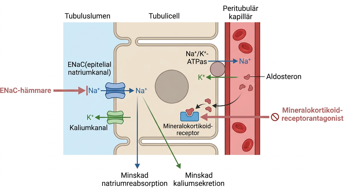 Schema över mineralokortikoidreceptorantagonister och ENaC-hämmare i distala nefronet