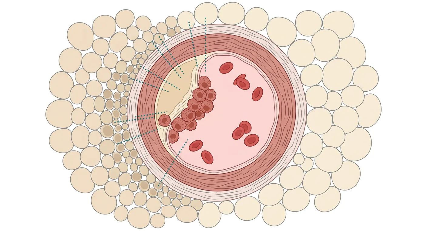 Illustration av en kransartär i tvärsnitt med ett inflammerat aterosklerotiskt plack, omgiven av perivaskulär fettvävnad där adipocyterna närmast kärlväggen är mindre än de som ligger längre bort.