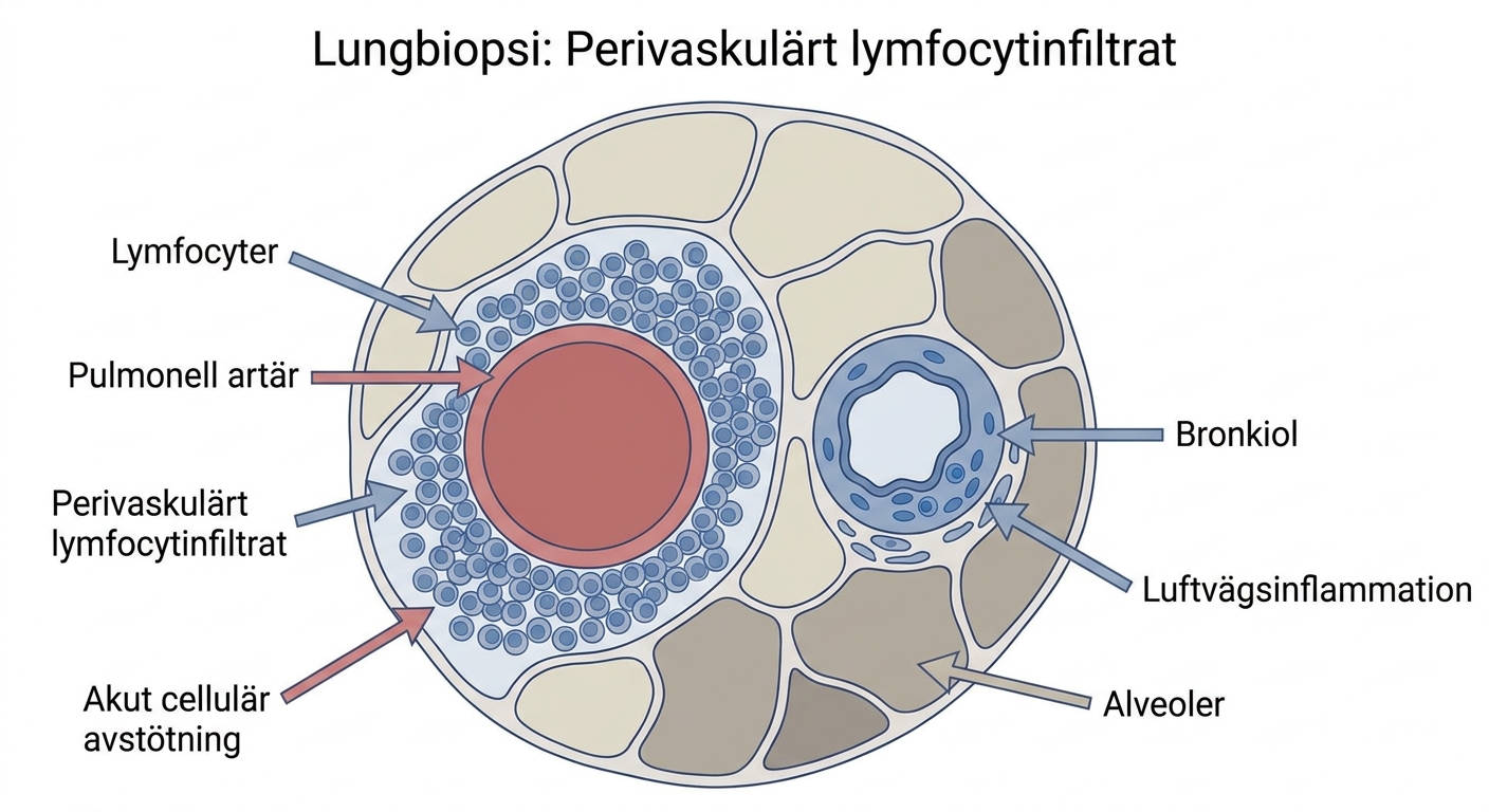 Lungbiopsi med perivaskulärt lymfocytinfiltrat efter lungtransplantation.