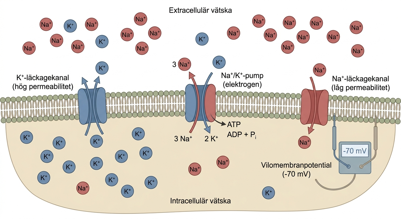 Schematisk bild av jonfördelning och vilomembranpotential