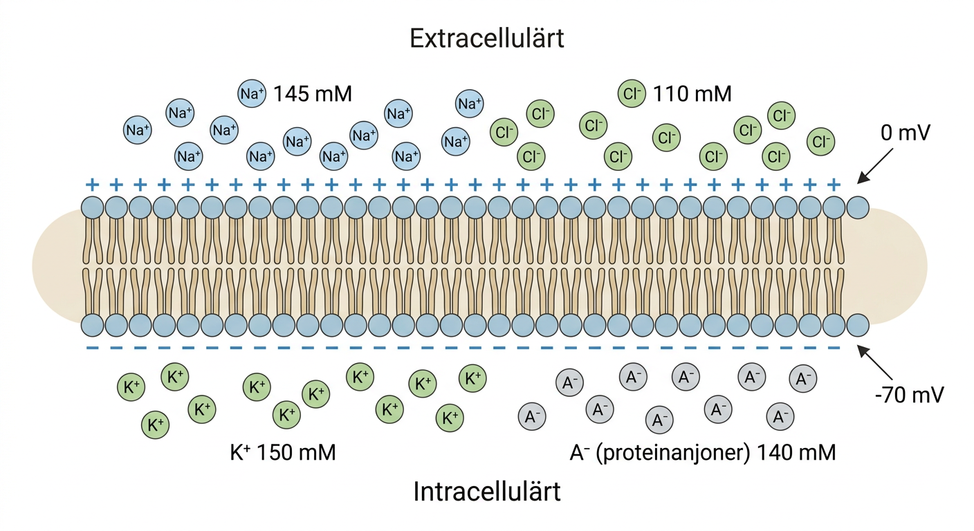 Jonkoncentrationer på cellmembranets båda sidor och deras bidrag till membranpotentialen