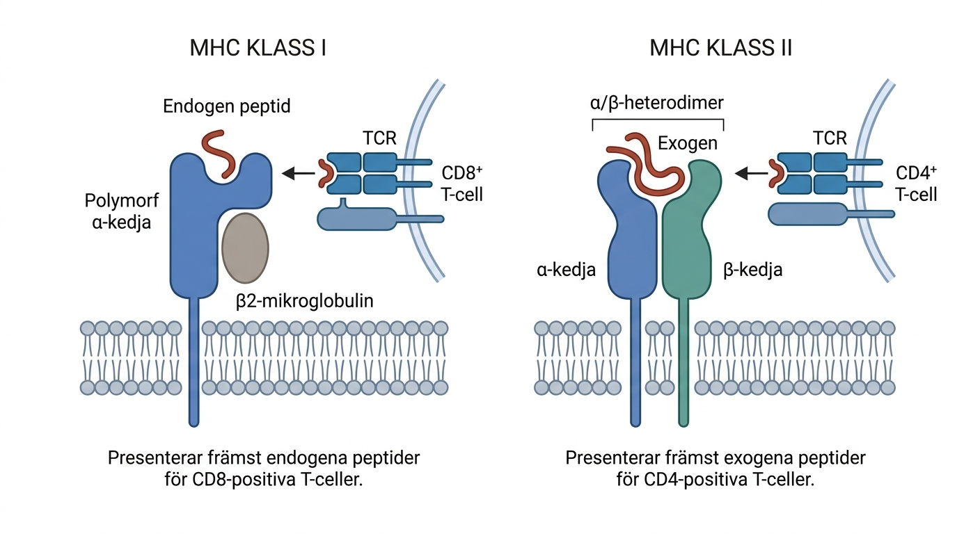 Schematisk jämförelse av MHC klass I och klass II