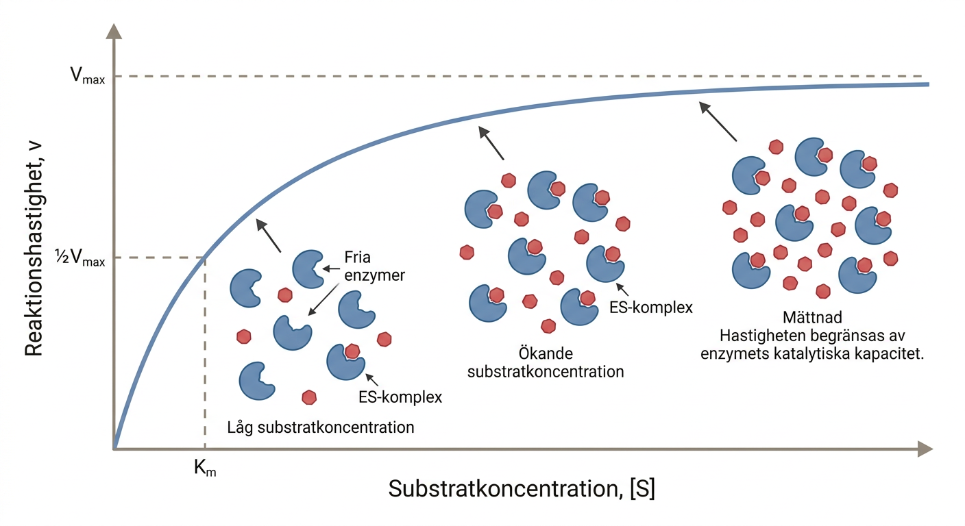 Michaelis–Menten-kurva med schematiska enzymmolekyler, substrat och enzym–substratkomplex
