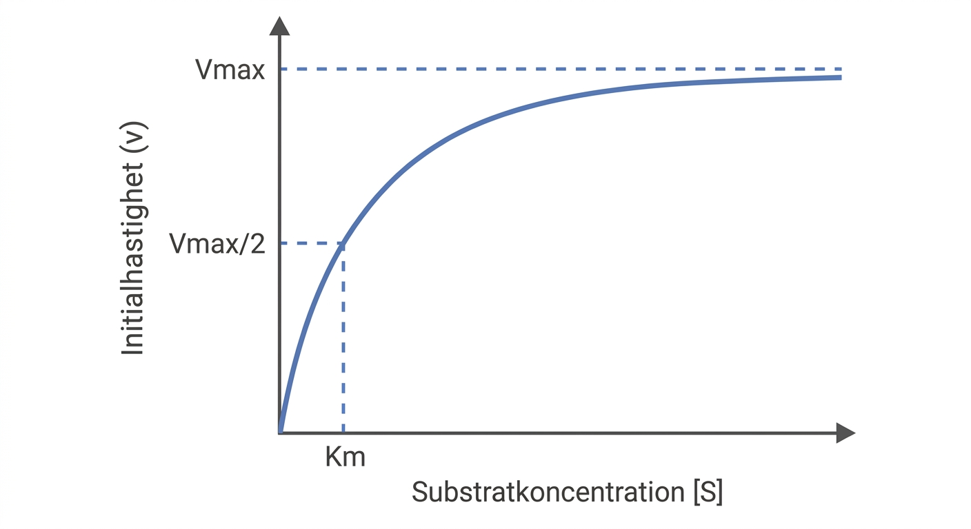 Hyperbolisk Michaelis–Menten-kurva med Vmax och Km markerade