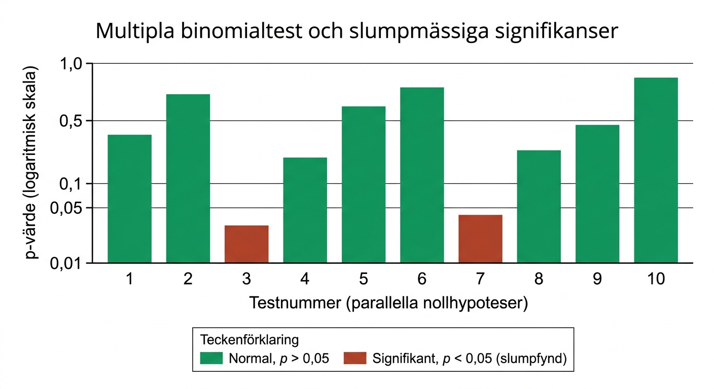 Flera binomialtest där några små p-värden uppkommer av slumpen