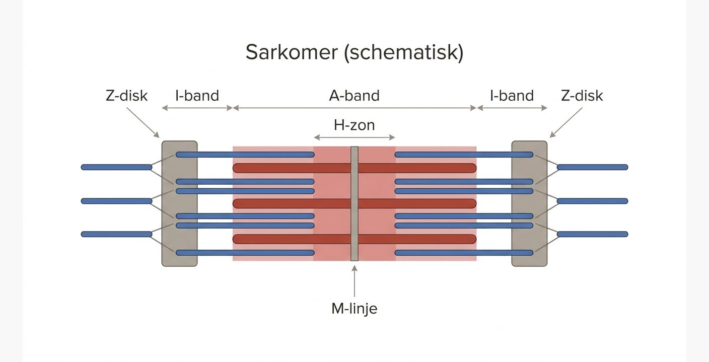 Schematisk sarkomer med tunna och tjocka filament, Z-diskar, A-band, I-band, H-zon och M-linje.
