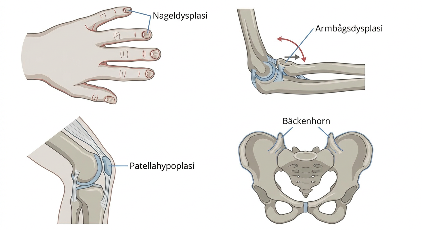 Illustration av nagel-, armbågs-, patella- och bäckenförändringar vid nagel–patella-syndrom.