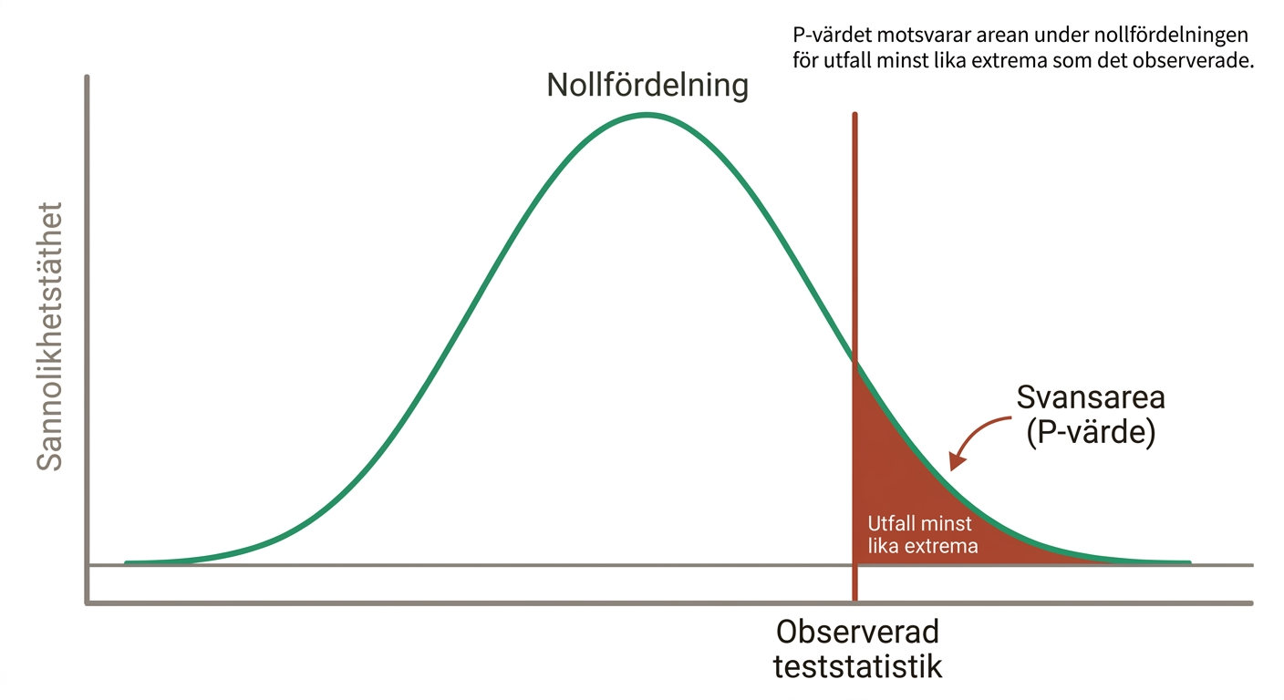 Nollfördelning med p-värde och kritiskt område i ett ensidigt hypotestest