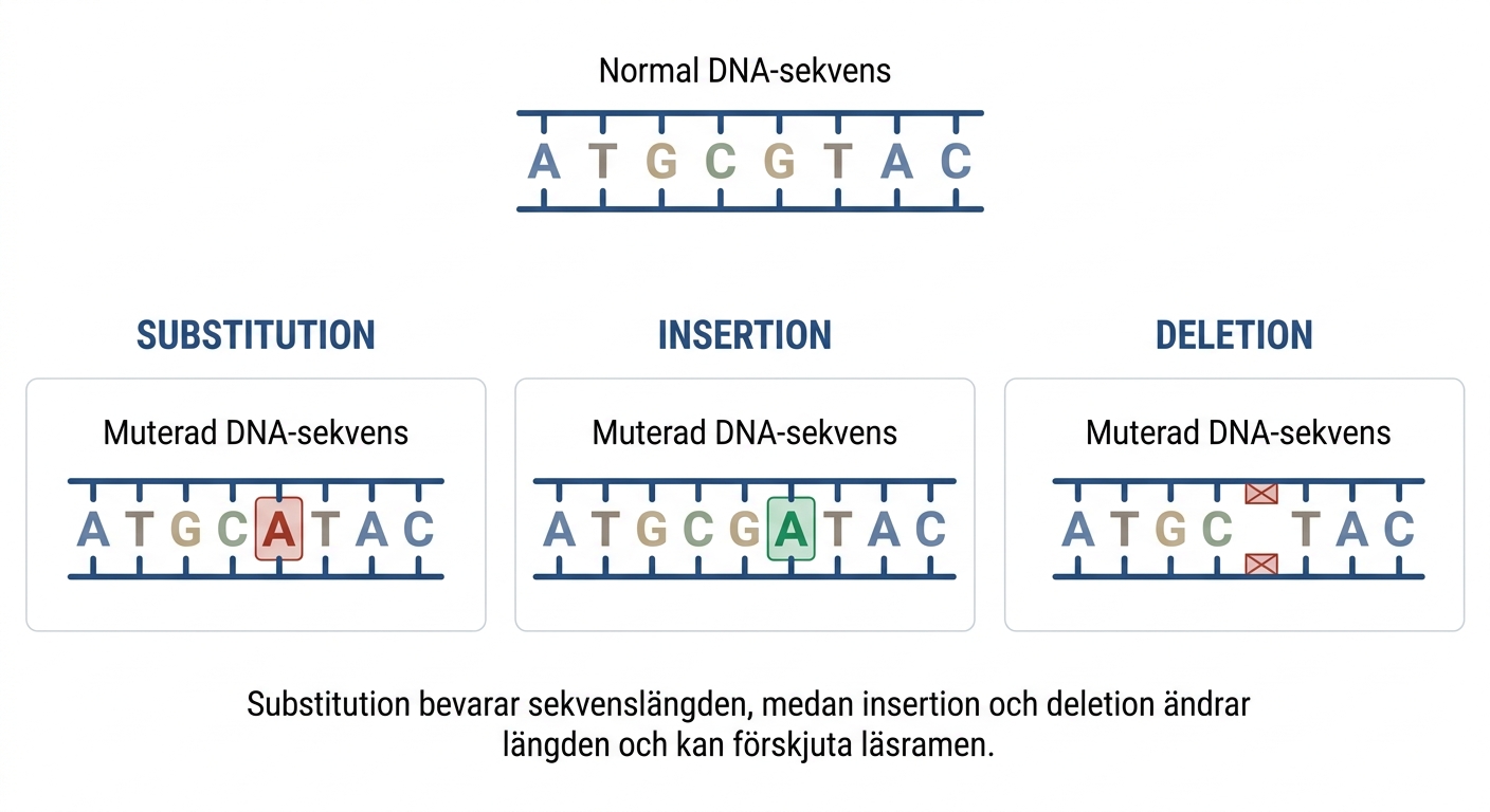 Jämförelse mellan substitution, insertion och deletion i DNA