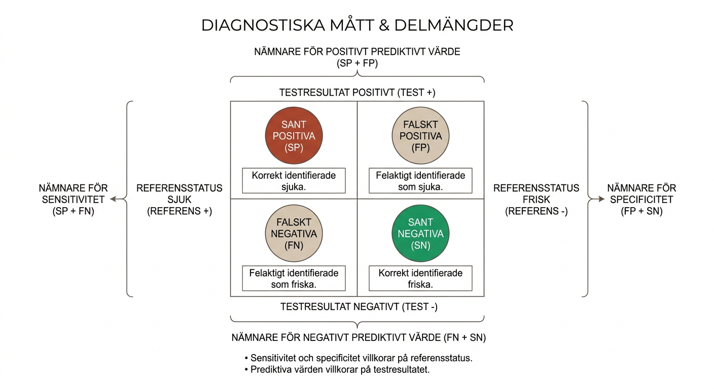 Visualisering av delmängderna sant positiva, falskt positiva, sant negativa och falskt negativa samt nämnarna för diagnostiska mått.