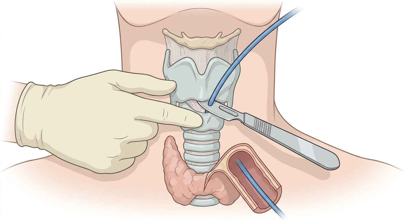 Halsens framsida med larynx fixerad av en hand, en skalpell införd genom krikotyreoidmembranet mellan sköldbroskets nedre kant och ringbrosket, och en bougie förd ned i trakea