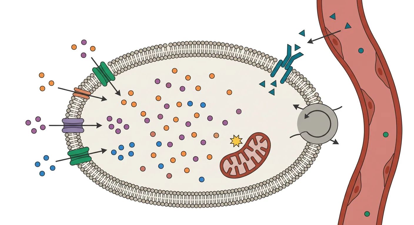 Schematisk muskelcell med insulinreceptor och joner i tre färger som strömmar in i cellen från ett uttömt omgivande vätskerum