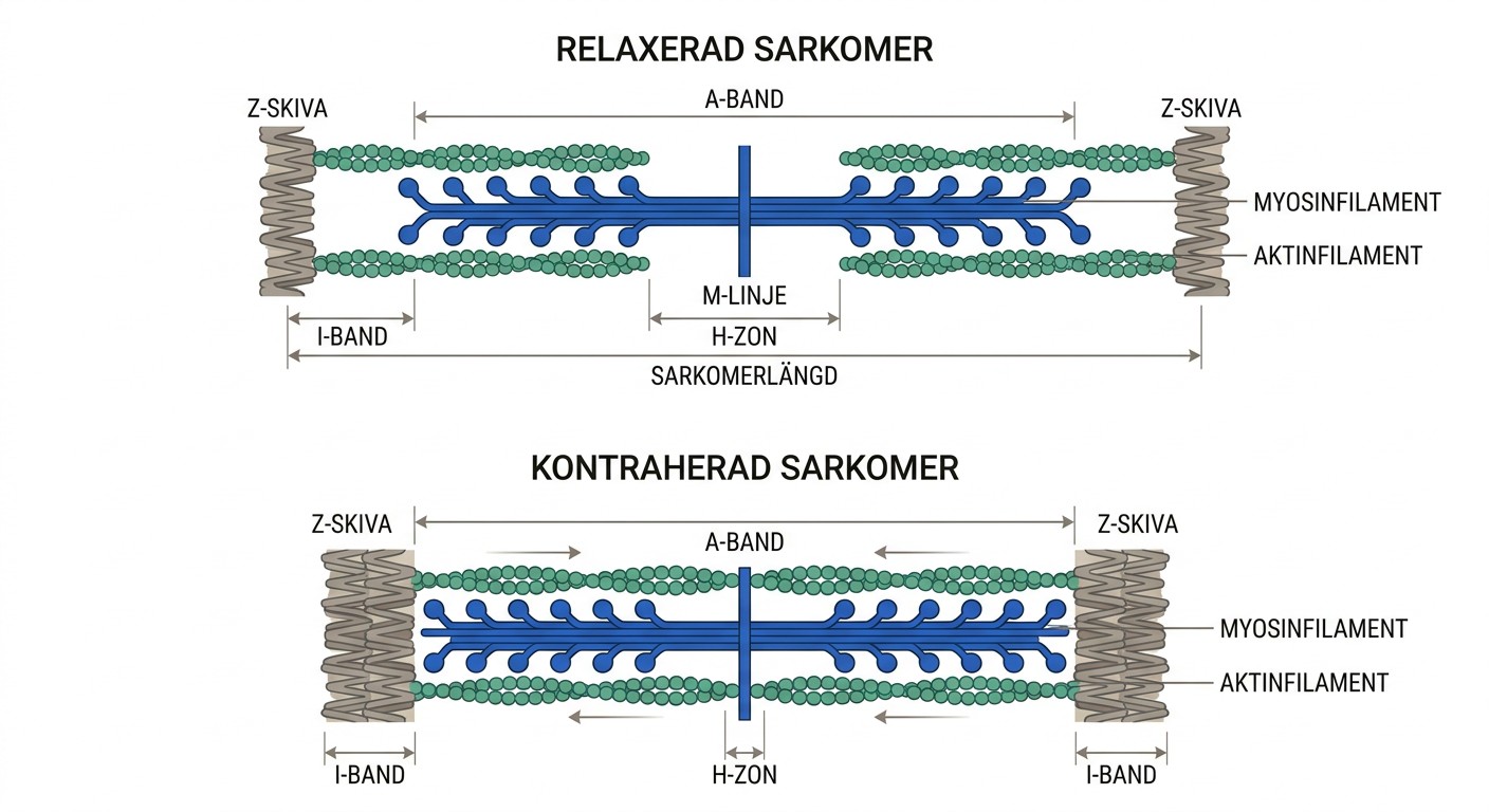 Jämförelse mellan relaxerad och kontraherad sarkomer med förändrad filamentöverlappning.