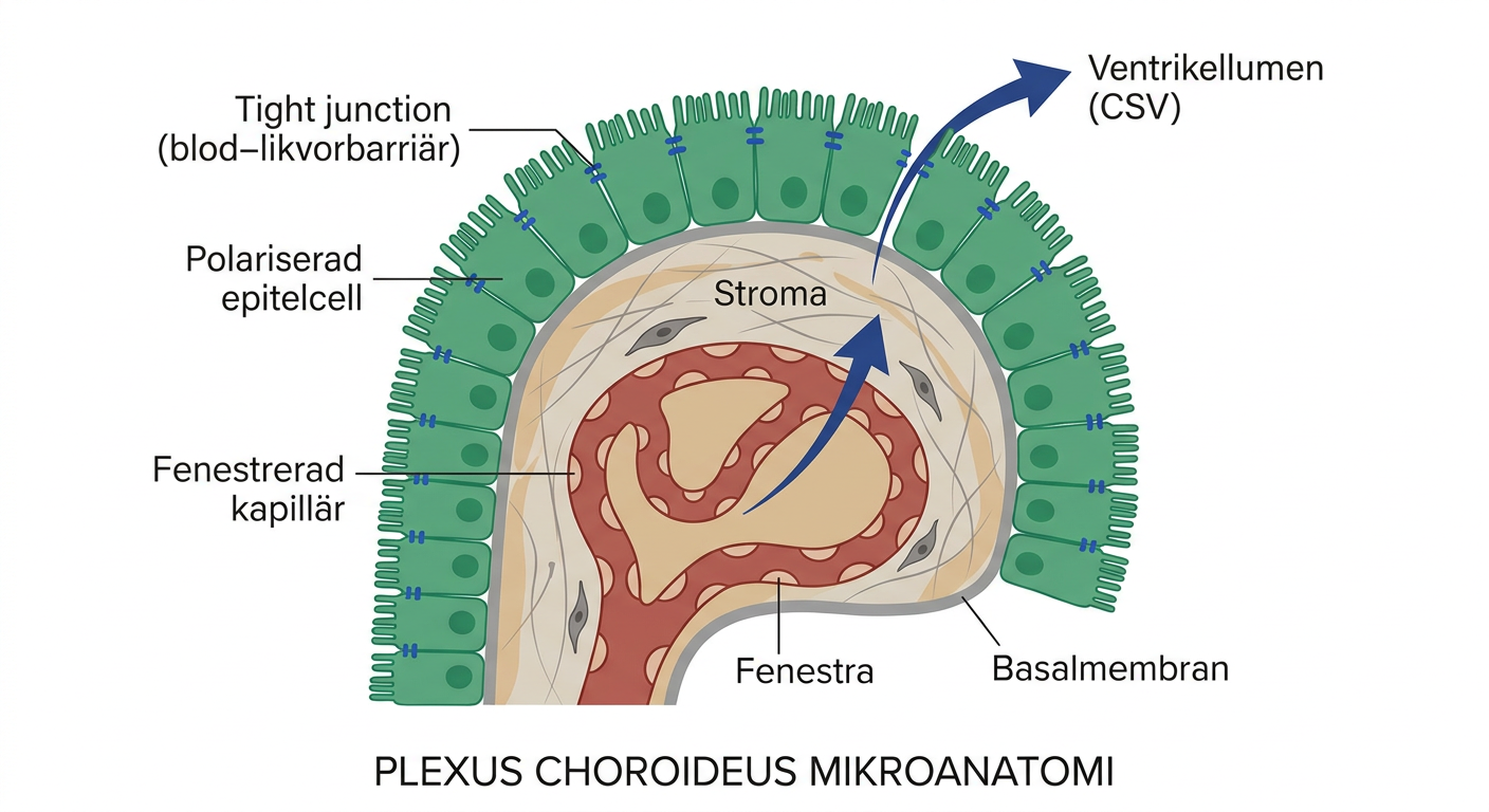 Mikroanatomiskt schema över plexus choroideus med fenestrerade kapillärer, stroma och epitelcellernas tight junctions.