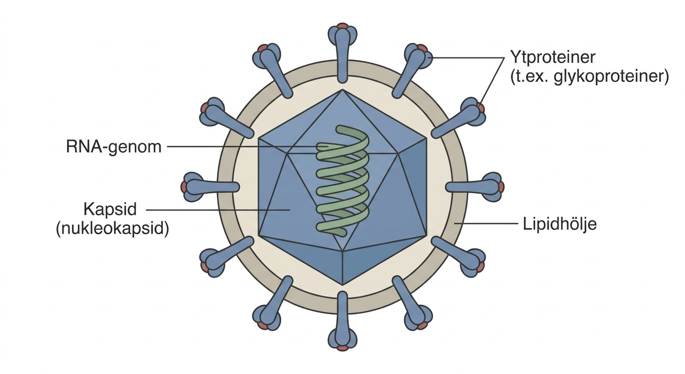 Schematisk virion med RNA-genom, kapsid och omgivande lipidhölje med ytproteiner.