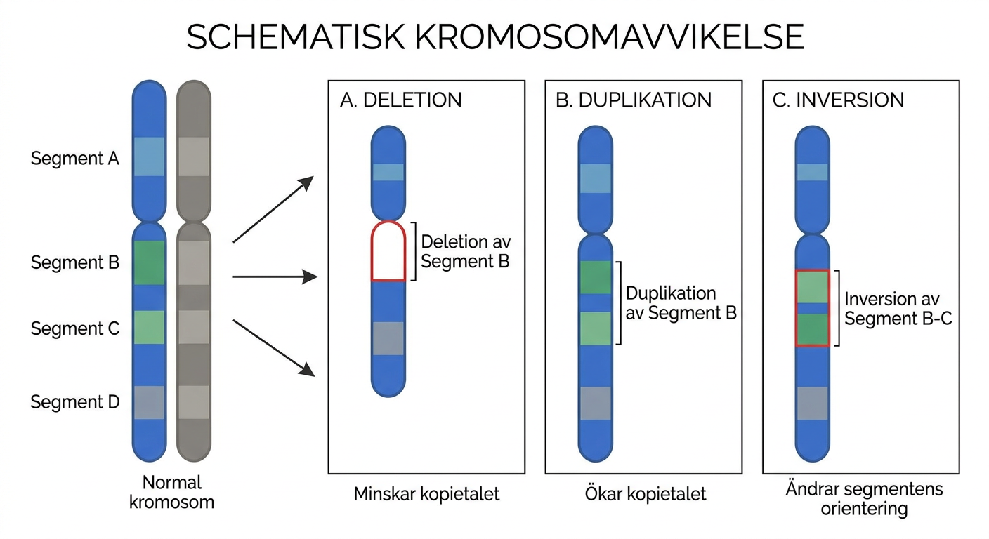 Schematisk kromosom med deletion, duplikation och inversion av markerade segment.