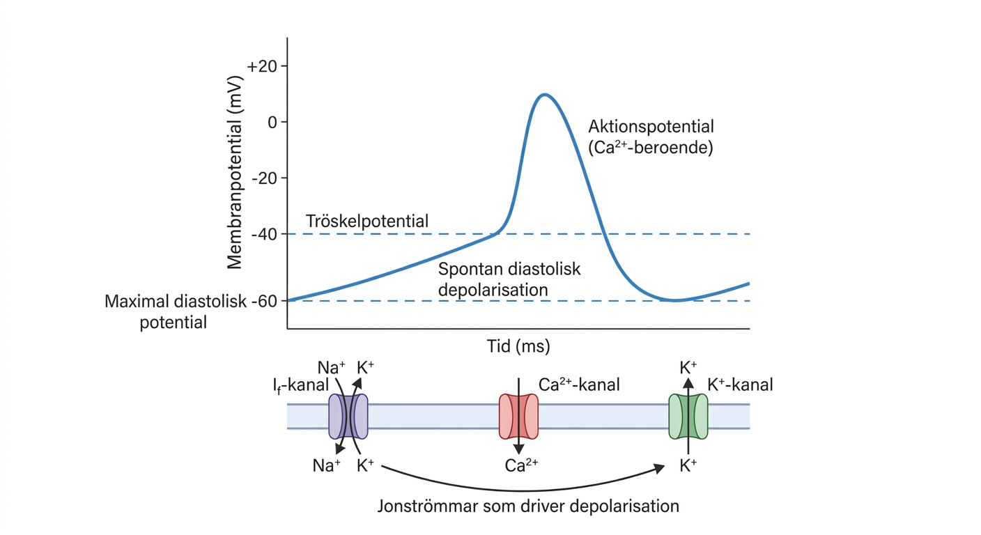 Sinusnodens aktionspotential med spontan diastolisk depolarisation och relevanta jonkanaler.