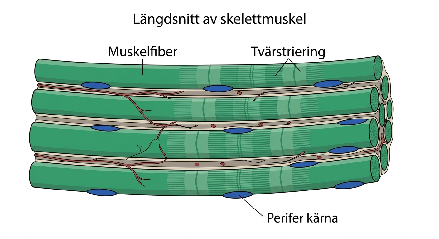 HPS-färgat längdsnitt av human skelettmuskel med parallella tvärstrierade muskelfibrer.