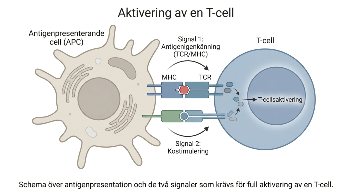 Schema över antigenpresentation och aktivering av en T-cell