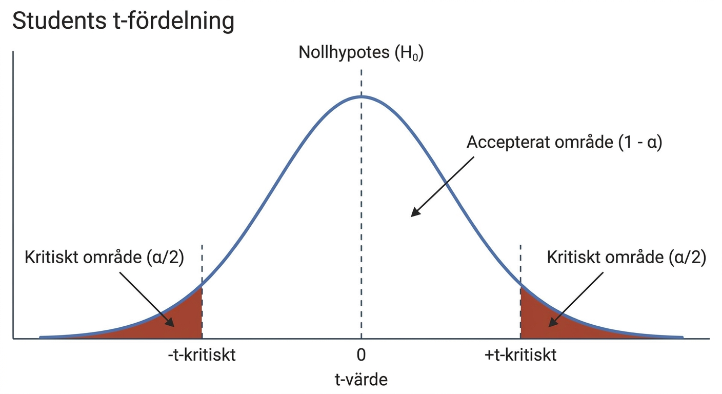 Students t-fördelning med kritiska områden för ett tvåsidigt test