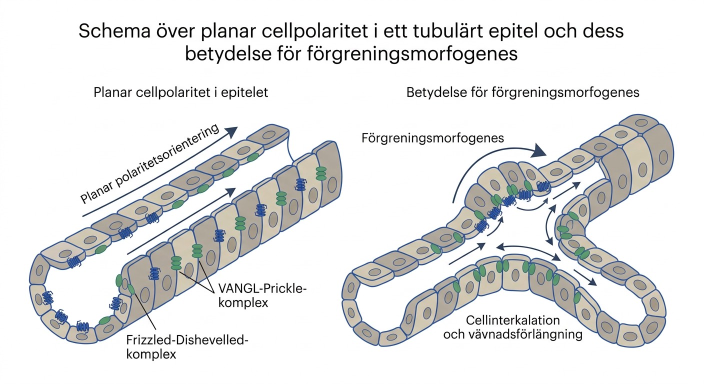 Schema över planar cellpolaritet i ett tubulärt epitel och dess betydelse för förgreningsmorfogenes.