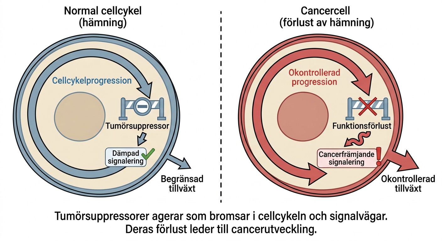Schematisk illustration av tumörsuppressorers hämning av cellcykel och cancerfrämjande signalering.