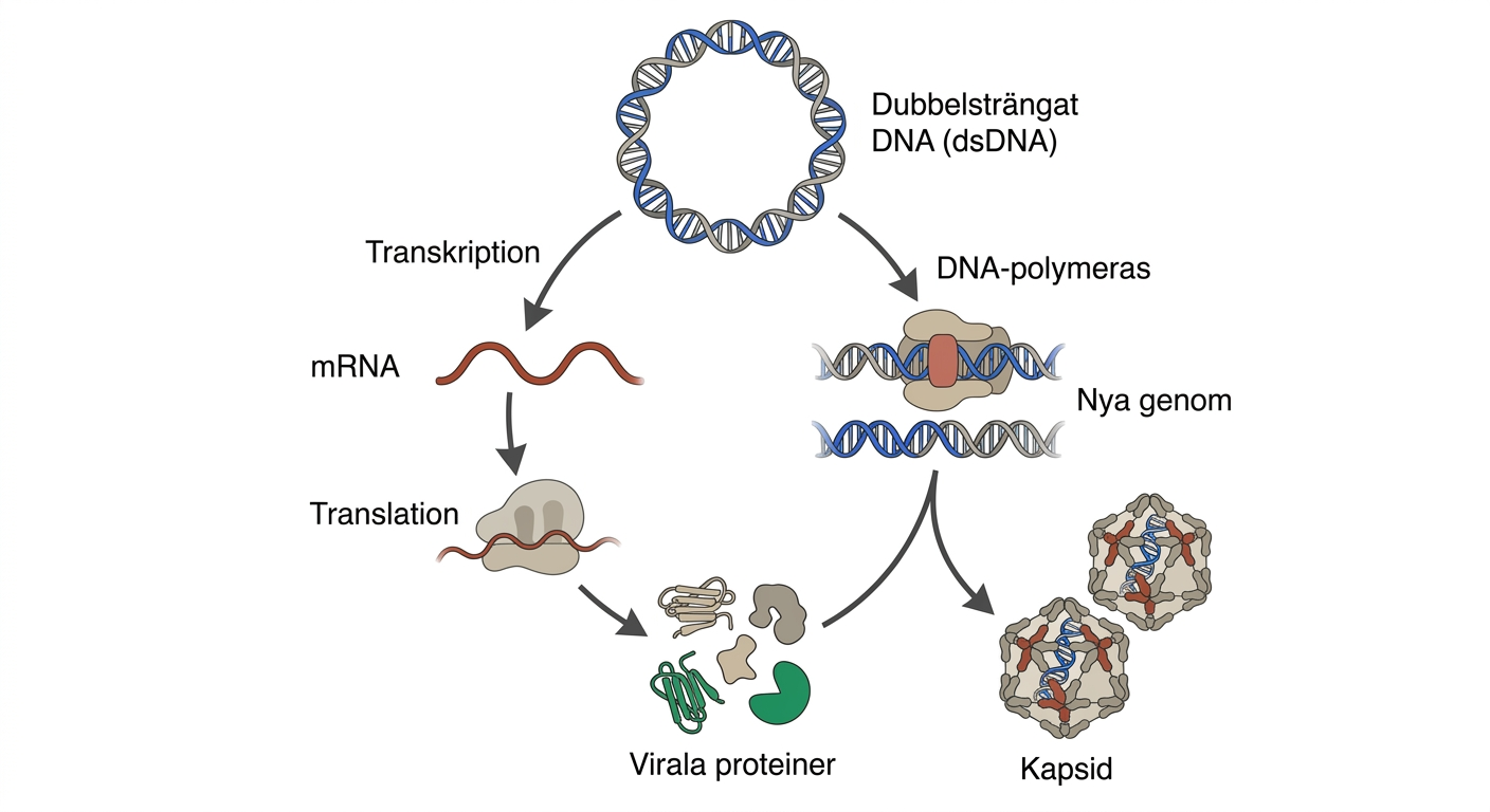 Schematisk replikation av ett dubbelsträngat DNA-virus med spanska etiketter.