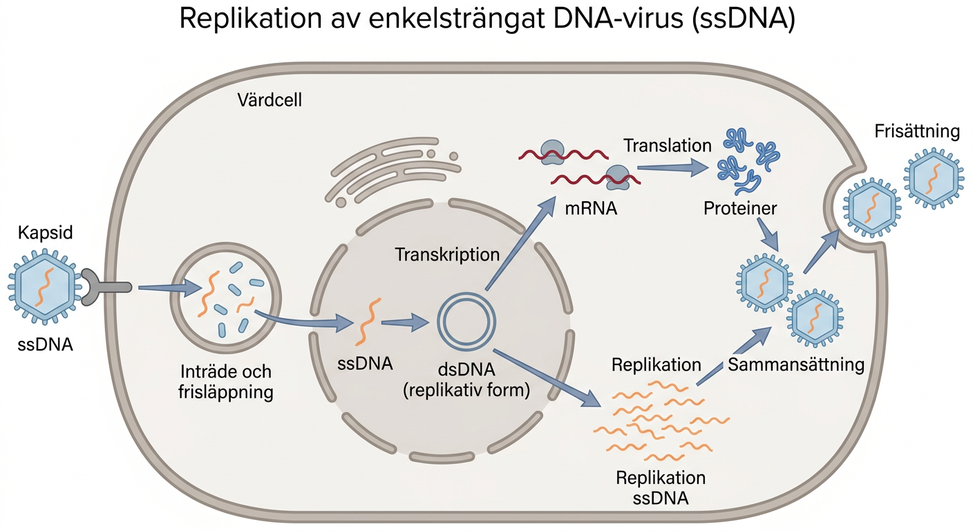Schematisk replikation av ett enkelsträngat DNA-virus med spanska etiketter.