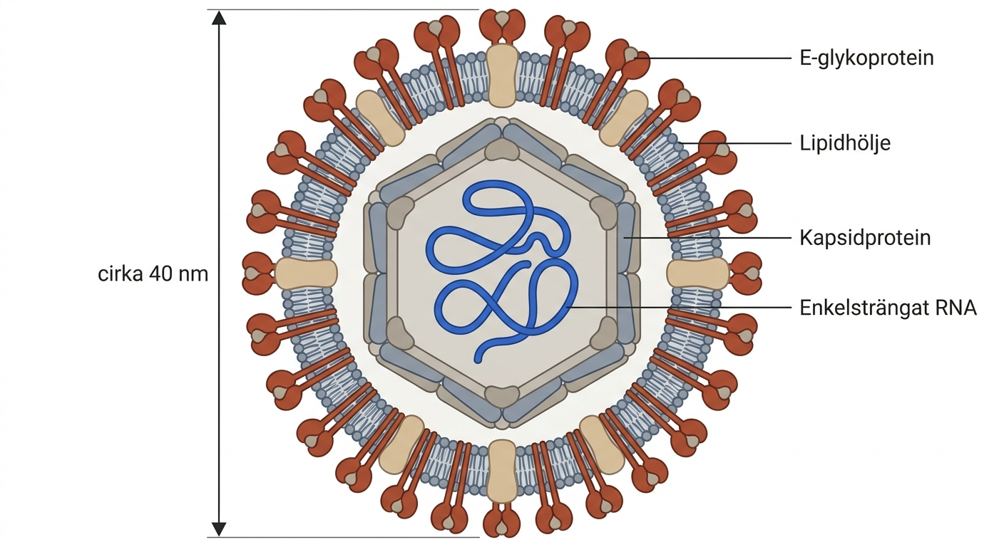 Färglagd transmissionselektronmikroskopisk bild av höljeförsedda zikaviruspartiklar